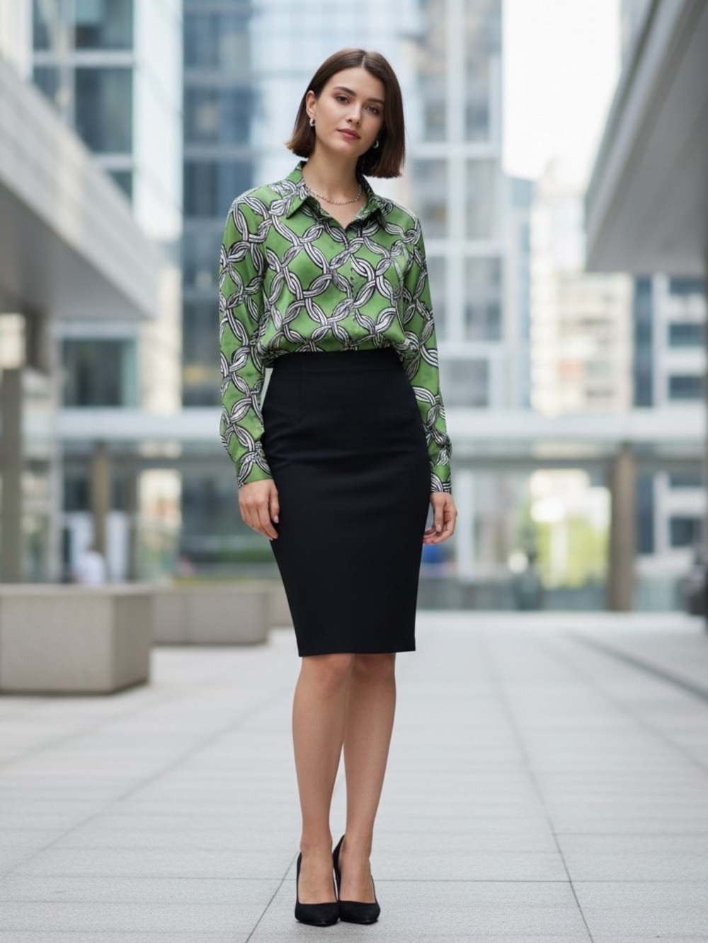 Green Geometric Button-Down Shirt - Sleek Office Staple